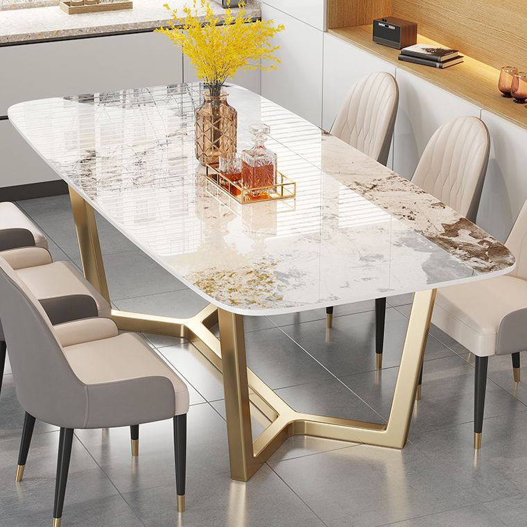 Luxury Sintered Stone Dining Table Rectangle Table with Gold Trestle Base