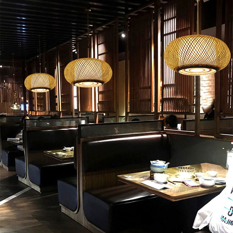 Asia Drum Pendant Light 1-Light Beige Hanging Ceiling Light for Dining Room