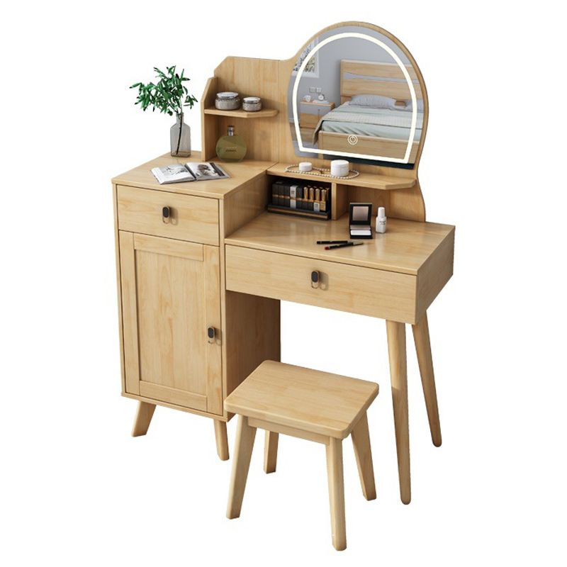 Rubberwood Vanity Set with Stool and Mirror Scandinavian Drawers Dresser