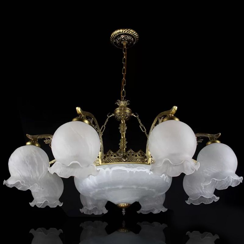 11-Bulb Ruffled Down Chandelier Farmhouse Bronze White Glass Hanging Ceiling Light