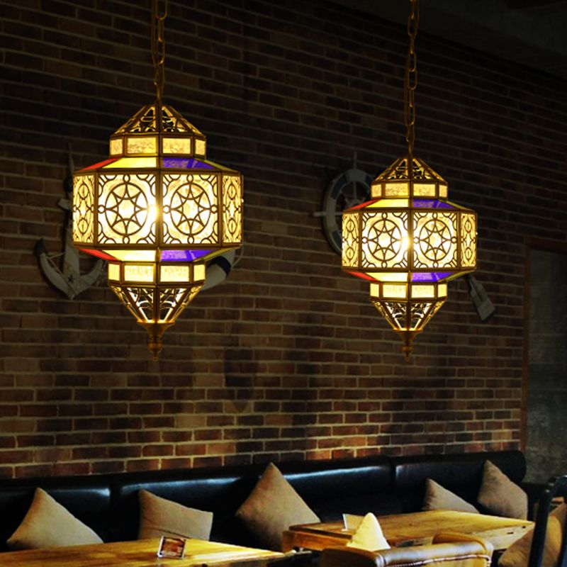 Metallic Brass Pendant Light Lantern 1-Head Southeast Asia Hanging Lamp with Clear Glass Shade