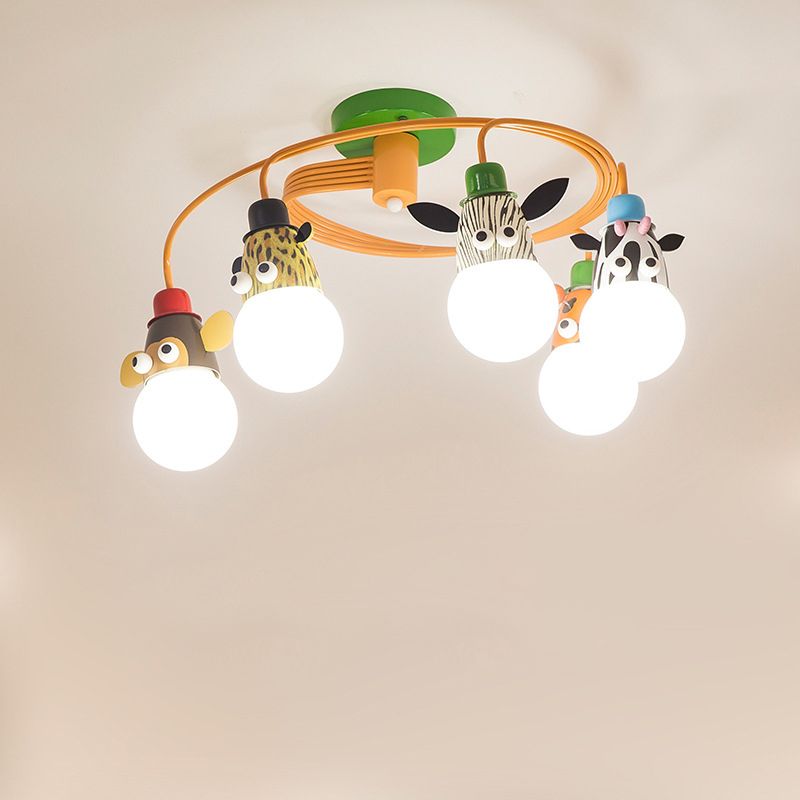 Animal Socket Metallic Semi Flush Mount Kids Orange Ceiling Mounted Light for Kindergarten