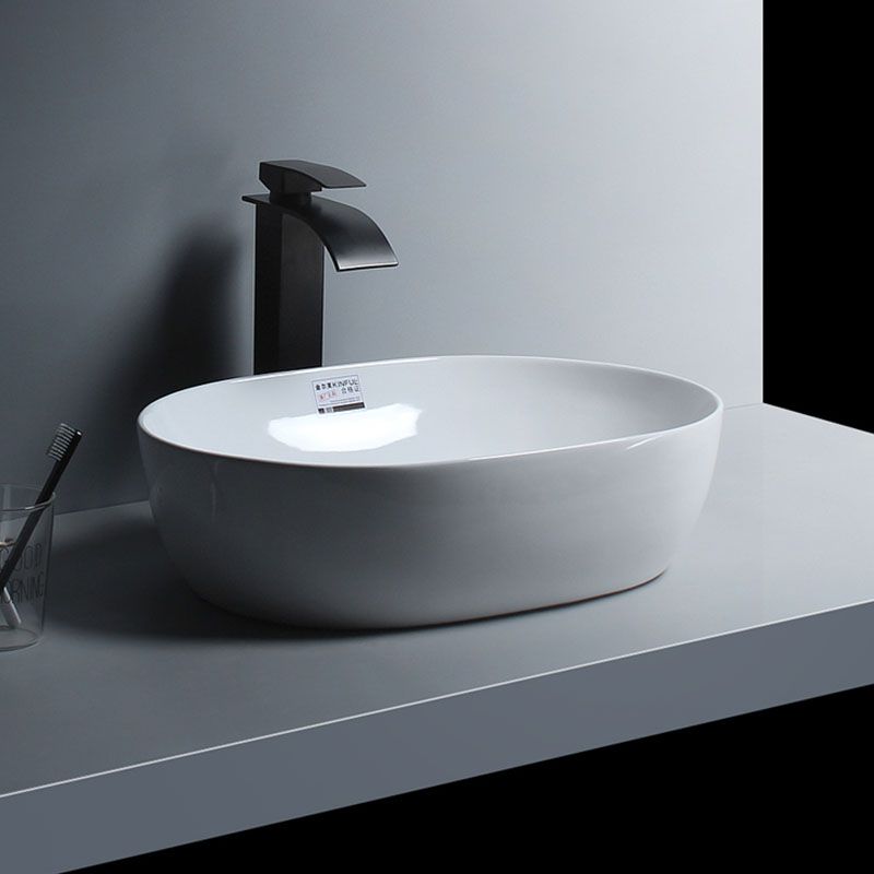 White Vessel Sink Faucet Porcelain Bathroom Sink with Pop-Up Drain