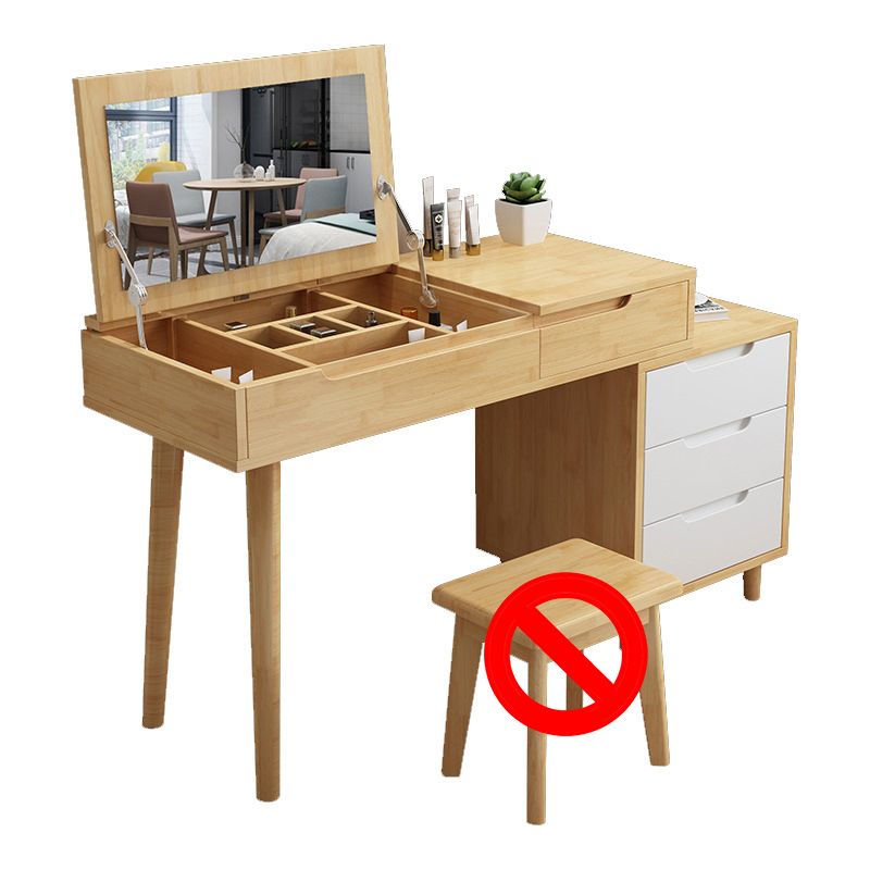 Bedroom Dressing Table Rubberwood Flip-Top Make-up Vanity with 4 Storage Drawers