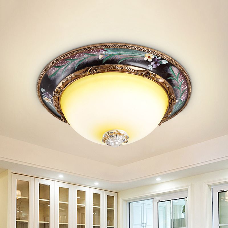 Brass Domed Flush Lighting Antiqued Yellow Glass 12"/16" Wide LED Bedroom Flush Mount Fixture