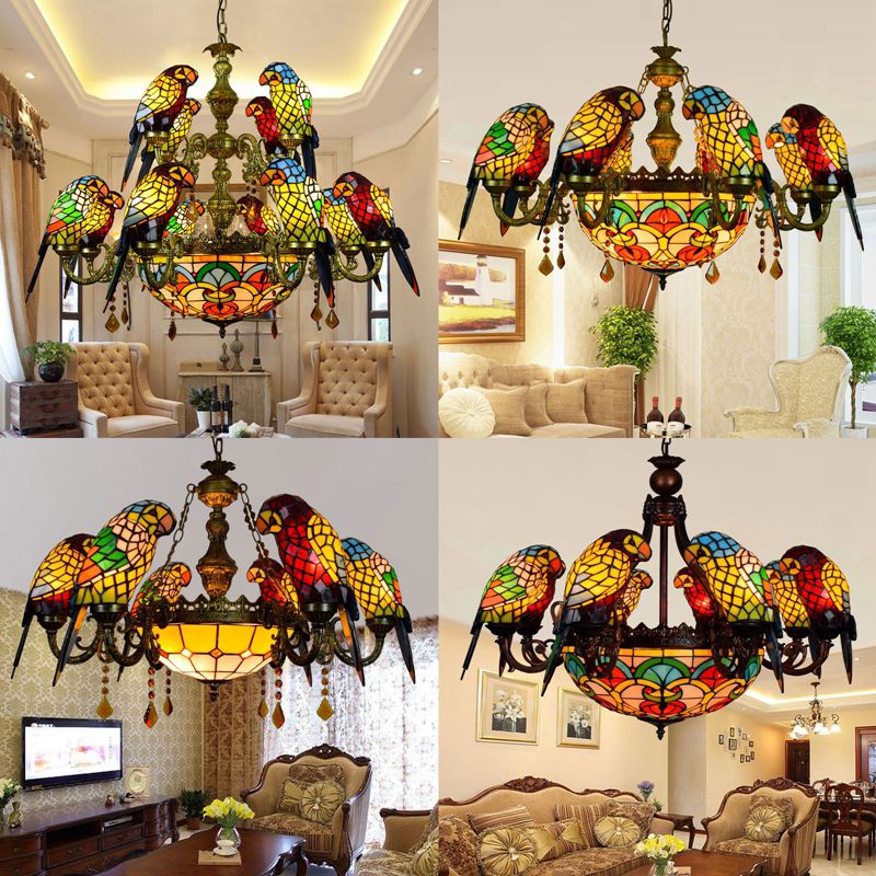 Multi Colored Tiffany Glass Suspension Lighting Victorian Style Ceiling Suspension Lamp for Living Room