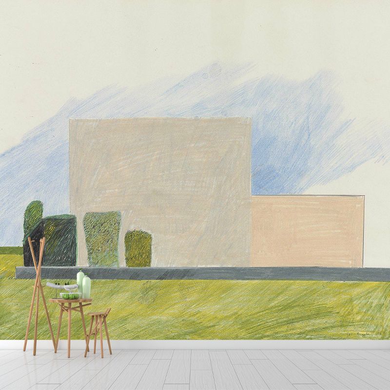 Modern Art House Drawing Murals Grey-Yellow-Green Stain-Proof Wall Decor for Bedroom