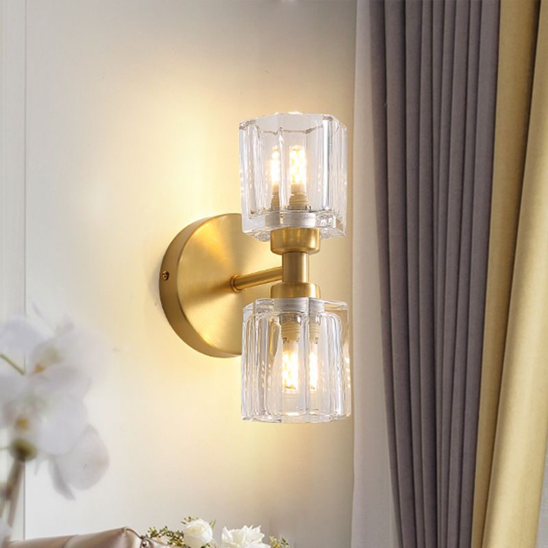 Tapered Living Room Wall Light Clear Crystal 2 Bulbs Modern Style Wall Sconce Lamp in Gold Finish