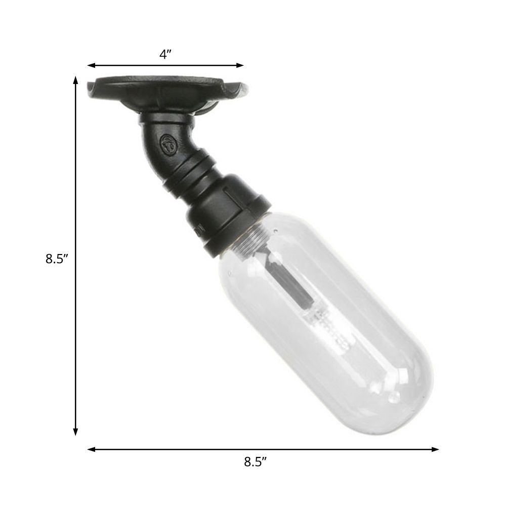 1 Light Ceiling Mounted Fixture Oval Shade Clear Glass Industrial Indoor Semi Flush Mount in Black with Pipe Design