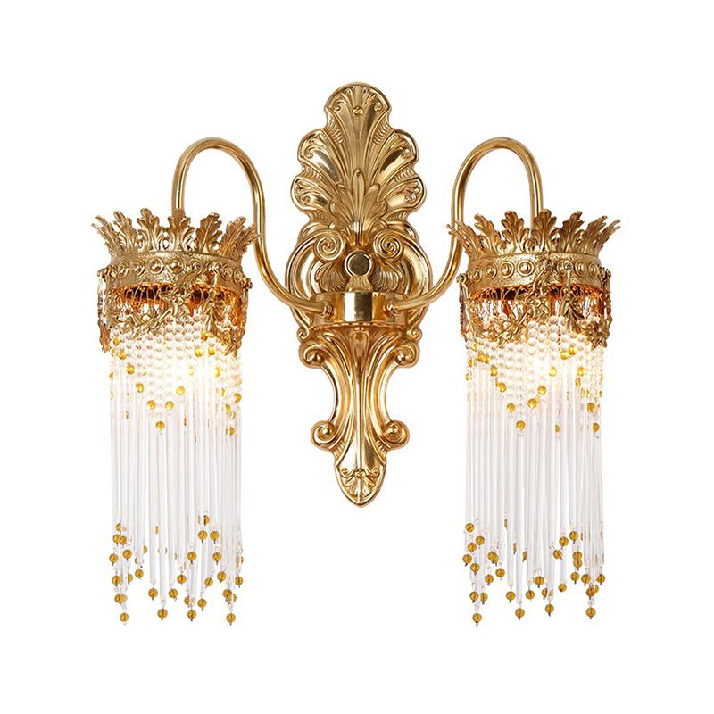 Gold Crown Shaped Wall Light Traditional Metal Living Room Sconce Lamp with Crystal Fringe
