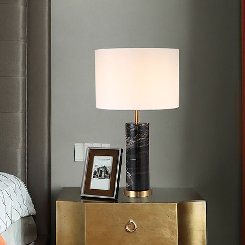White Cylinder Task Light Nordic 1 Bulb Fabric Night Table Lamp with Black Marble Base