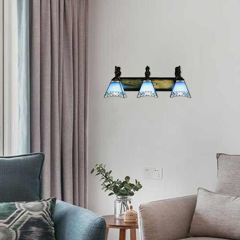 Mediterranean Trapezoid Wall Light Fixture 3 Heads Stained Glass Sconce Light for Living Room