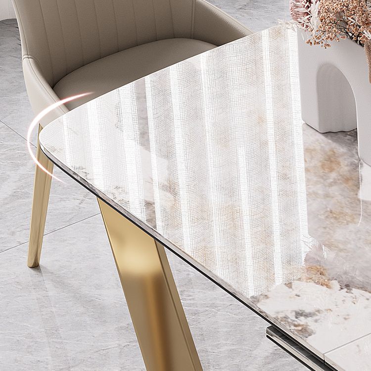 Modern Style Sintered Stone Dining Room Set with White Rectangle Shape Table and Gold Trestle Base