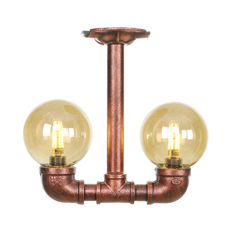 Orb Restaurant Semi Flush Light Fixture Rustic Amber Glass 2 Lights Copper Flush Lamp