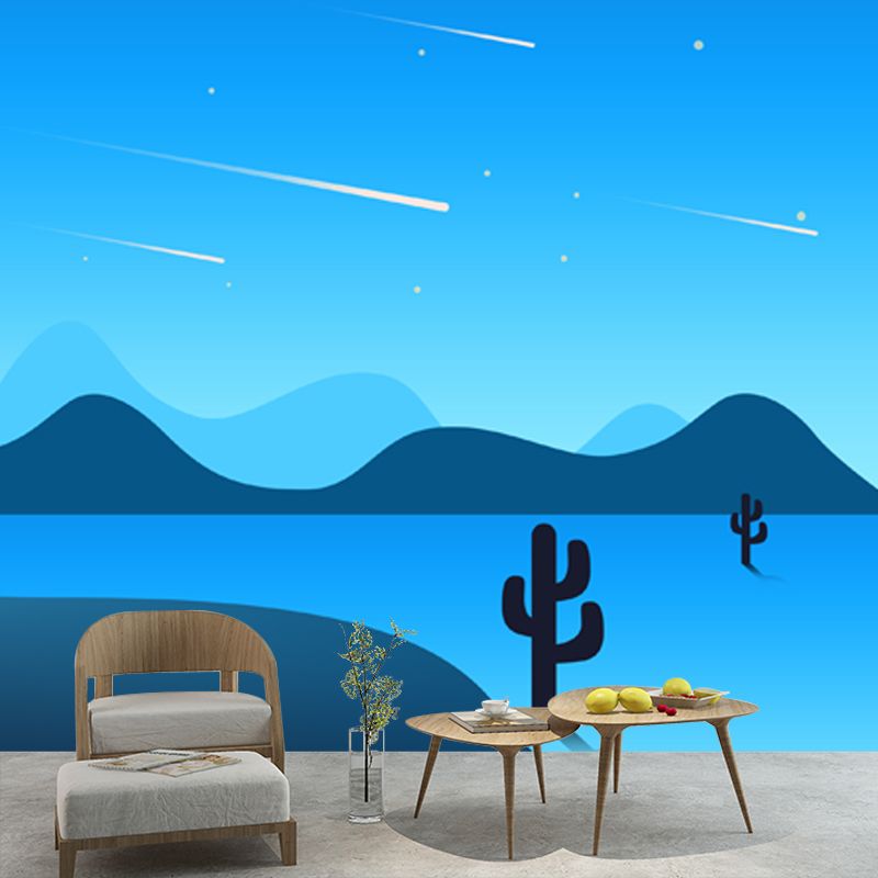 Personalized Illustration Modern Mural with Pathway Cactus and Night Meteor Pattern in Blue
