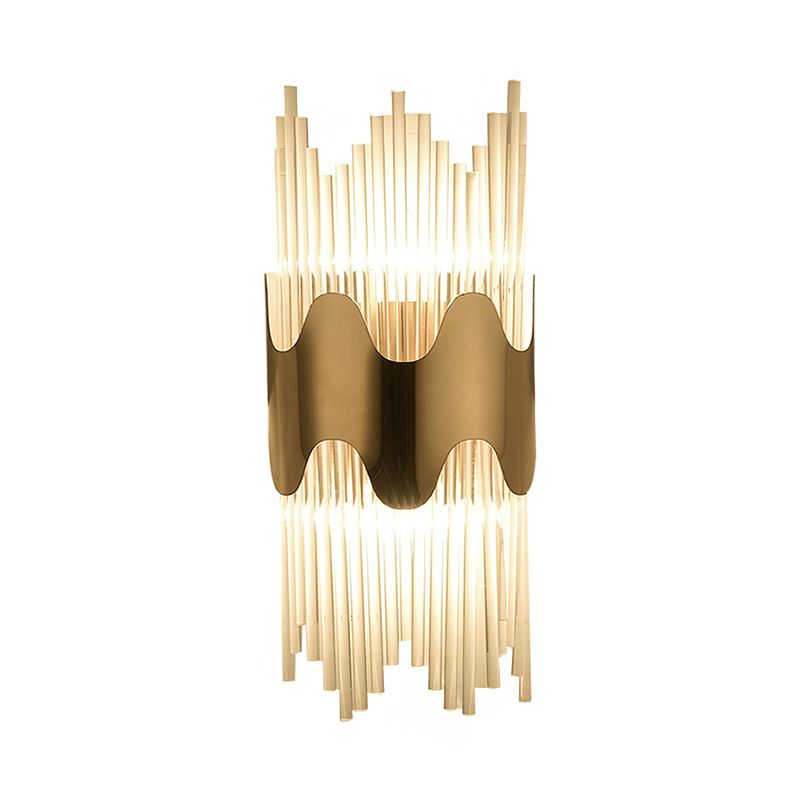 Wavy Design Wall Sconce Modernist Style Clear Crystal 2 Lights Brass Finish Wall Lighting for Bedroom