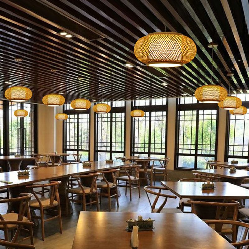 Round Ceiling Hanging Lantern Asian Bamboo 1-Light Beige Suspension Pendant Light