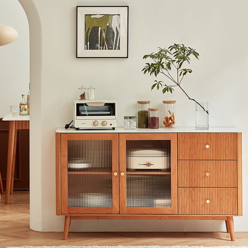 Stone Top Sideboard Modern Cherry Wood with Glass Door in Teak