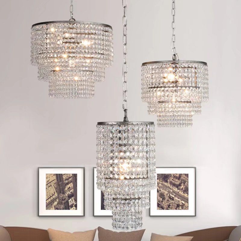 Chrome Tiered Round Chandelier Pendant Rustic Crystal Strand Living Room Hanging Light