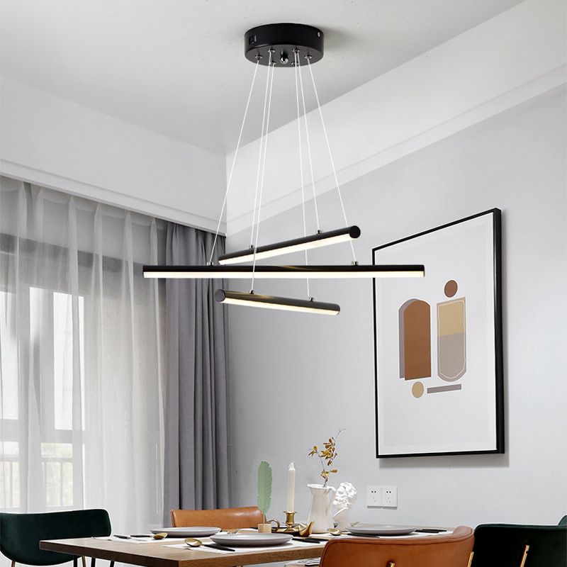 LED Dining Room Chandelier with Linear Acrylic Shade Modern Black/Gold Hanging Light Fixture in Warm/White Light