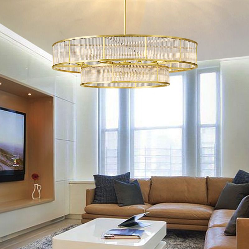 Gold Metal Chandelier Light Fixtures Traditional Round Multi-Head Hanging Pendant Lamps with Crystal