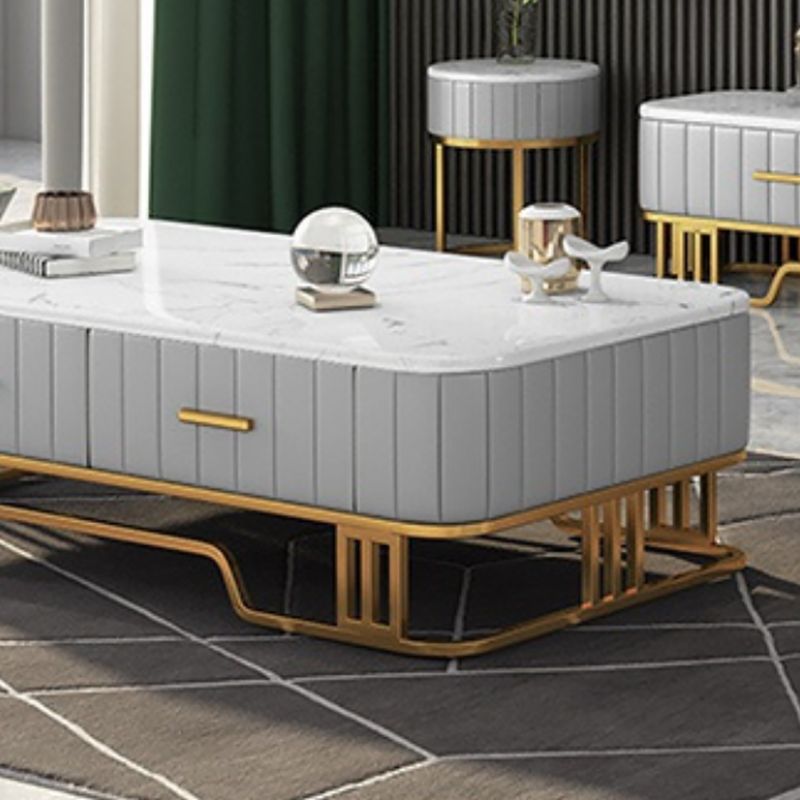 Glam Iron Frame Base Coffee Table with White Marble Top and 2 Drawers