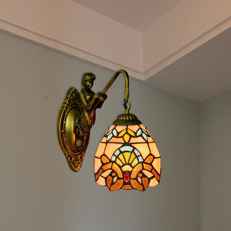 Antique Brass 1 Head Wall Mounted Light Tiffany Multicolor Stained Glass Dome Sconce Light