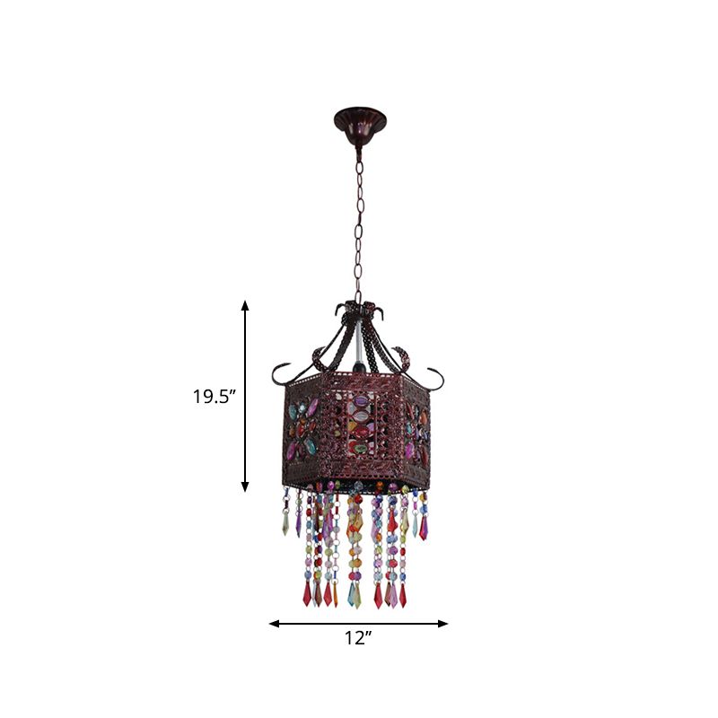 1-Head Stained Art Glass Pendant Lighting Bohemia Copper Hexagon Lantern Bedroom Ceiling Hang Light with Scroll Arm
