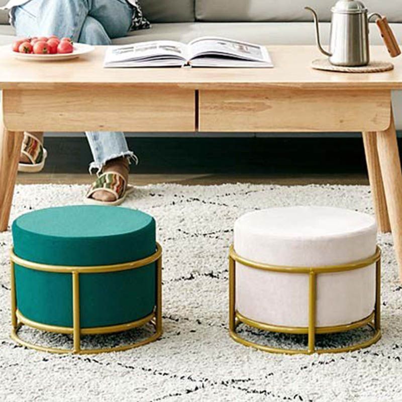 Luxury Ottoman Velvet Upholstered Solid Color Round Ottoman with Metal Legs