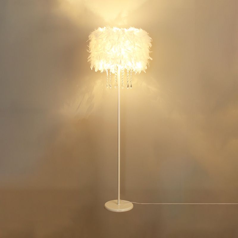 Drum Floor Reading Light Simplicity Feather 1-Light White Gooseneck/Straight Stand Up Lamp with/without Crystal Drape