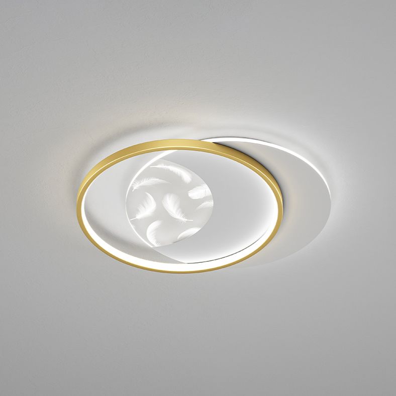 Round Shape LED Feather Ceiling Lamp Modern Iron 2 Lights Flush Mount for Bedroom