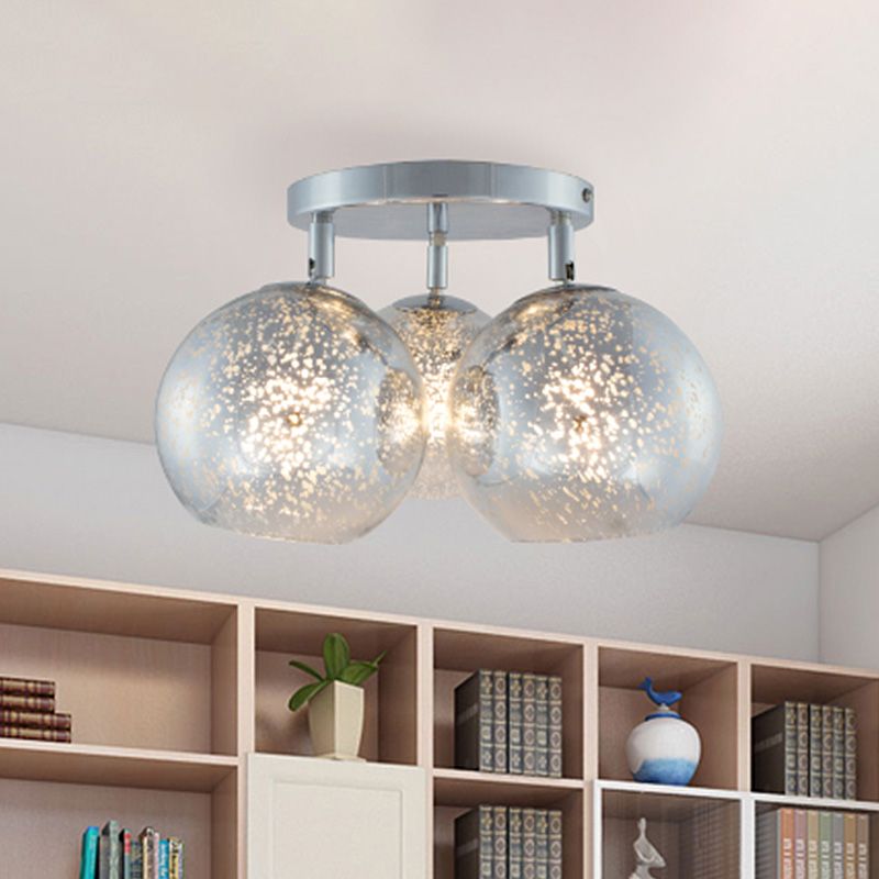 Chrom sphärische Halbflush -Beleuchtung moderne 3 Lampen weiße Frost-/Silberpunkt -Glasspülenlampe