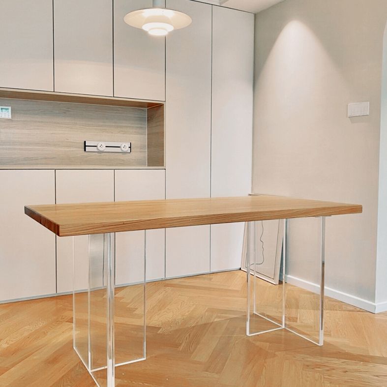 Modern Pine Solid Wood Table Rectangle Dining Table with Acrylic Double Pedestal Base