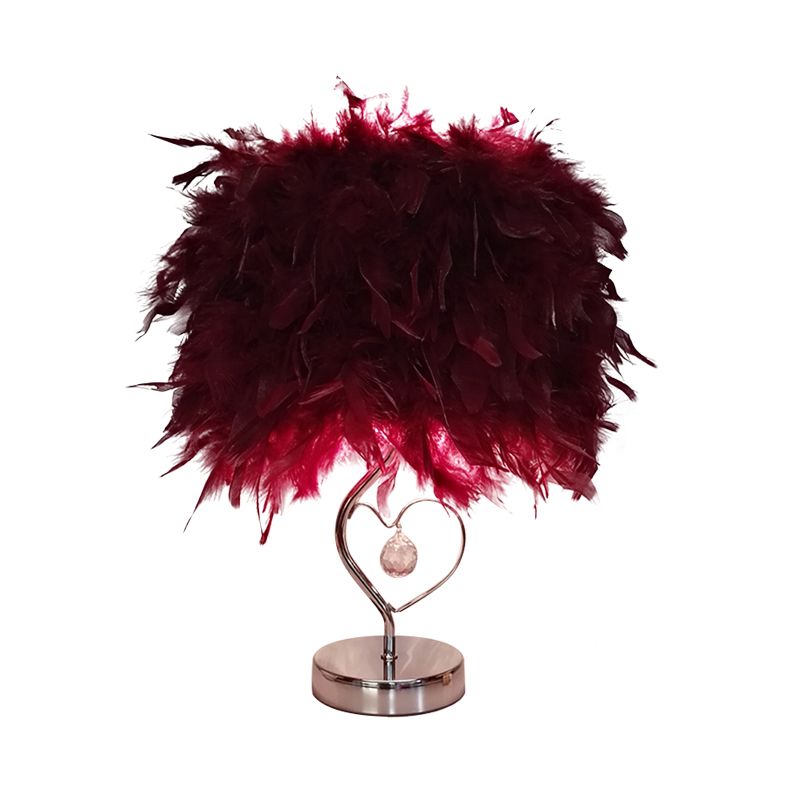 Modern Single Nightstand Lamp Red/White/Pink Bucket Shaped Table Light with Feather Shade and Crystal Drop