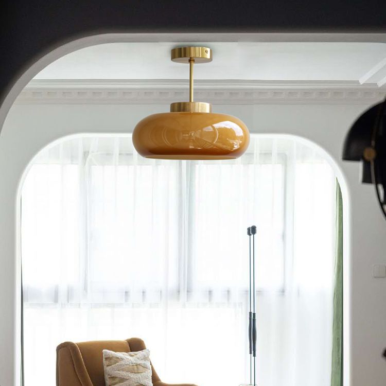 Colonial Style Brass Flush Mount Drum Hand-blown Glass Ceiling Light Fixture for Bathroom