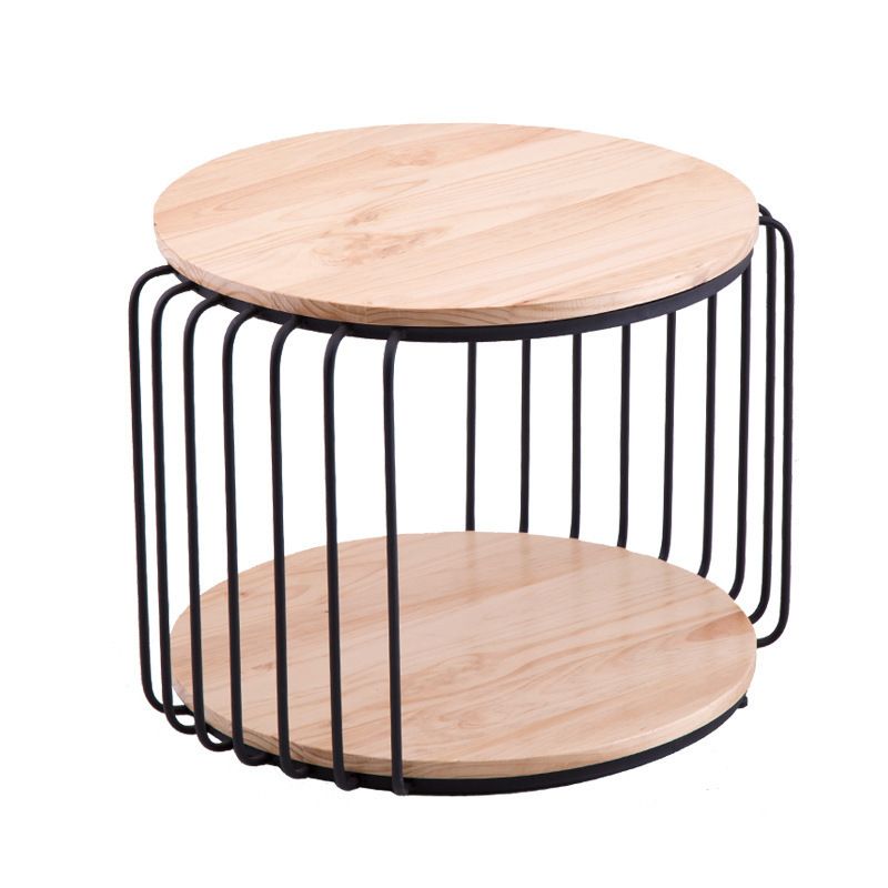 Round Solid Wood Coffee Table Drum Coffee Cocktail Table with Floor Shelf