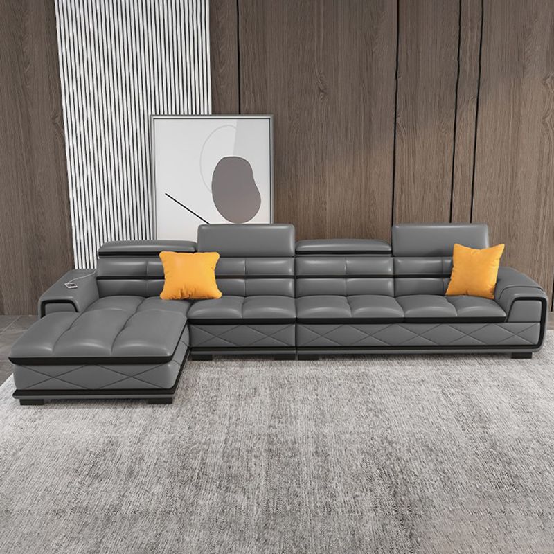 Contemporary Cloud Gray Square Arm Stationary Genuine Leather Sofa