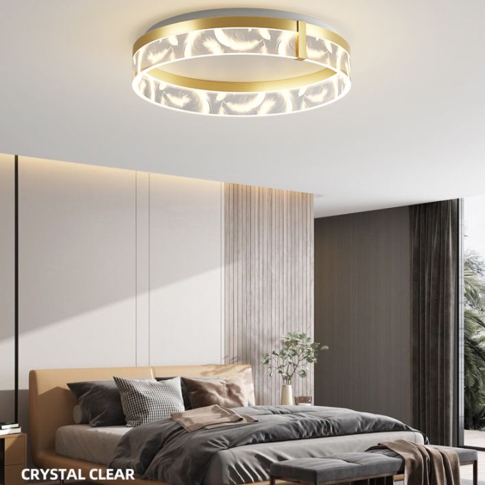 Circular Acrylic Feather LED Flush Mount in Modern Romantic Style Wrought Iron Ceiling Light for Dining Room