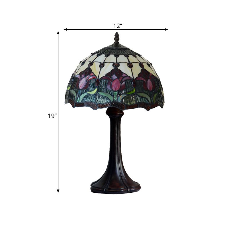 Flower Patterned Table Light Tiffany Style Stained Glass 1 Bulb Bronze Night Lamp