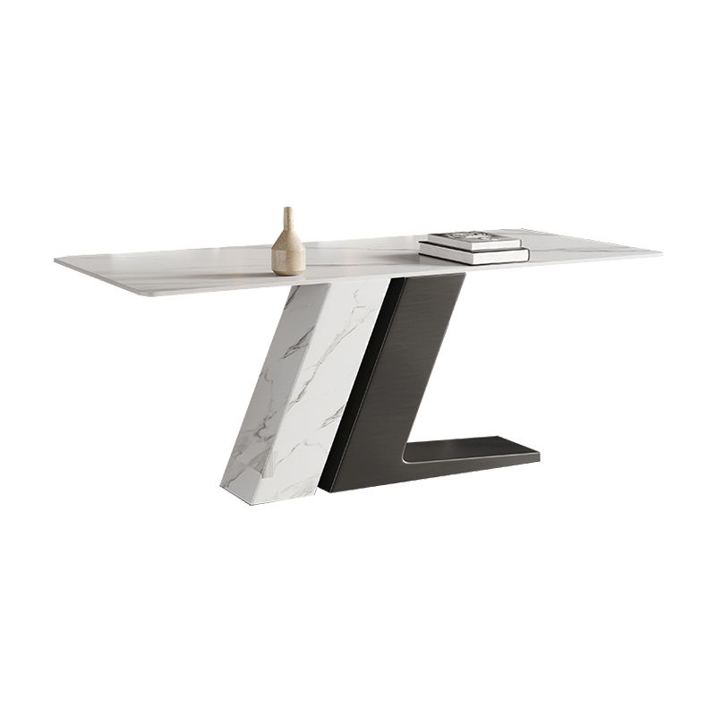 Mesa de cocina rectangular moderna de piedra sinterizada, mesa superior de piedra blanca con pedestal doble