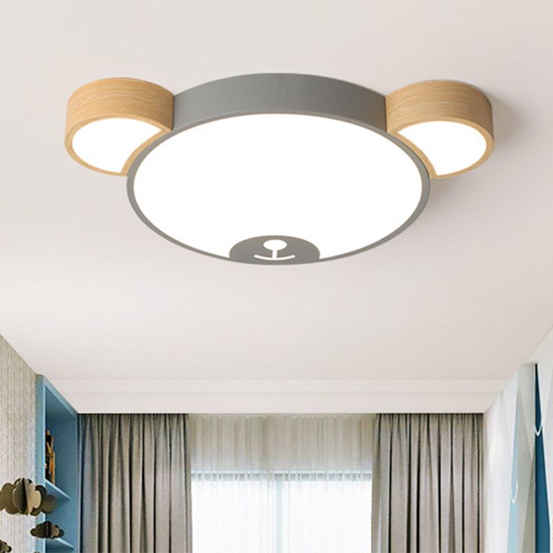 Metallic Bear Head Shaped Flushmount Nordic Grey/Green and Wood LED Ceiling Flush in Warm/White Light, 18"/21.5" Wide