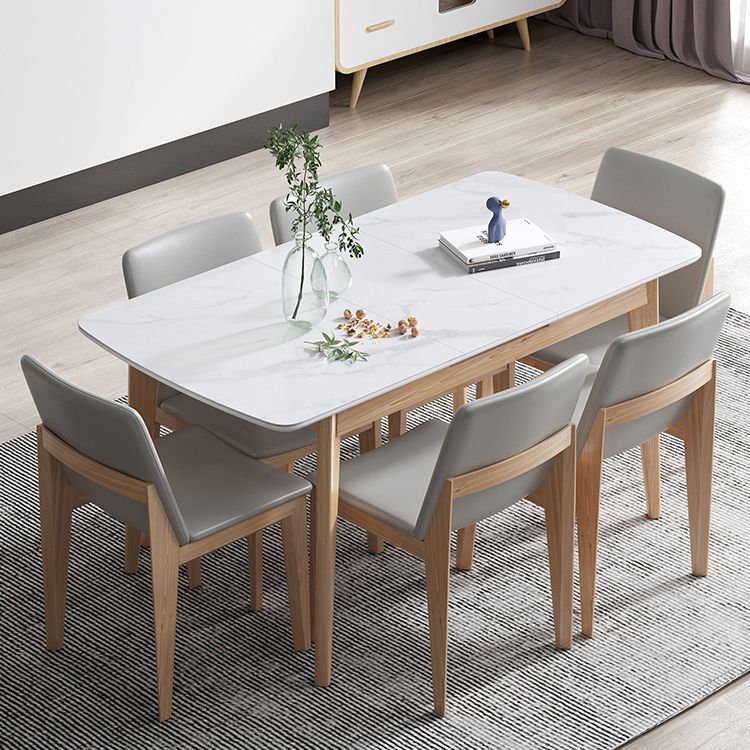 Sintered Stone Top Extendable Table in White Kitchen Table with Ash Wood Base and 4 Legs