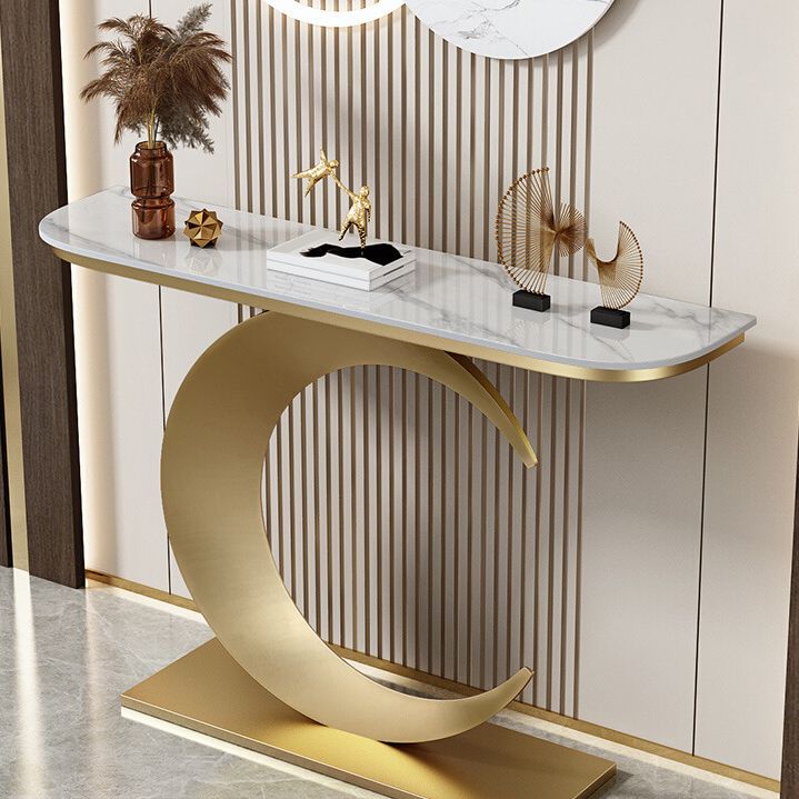 Modern Stone Console Accent Table Half Moon Iron End Table for Hall