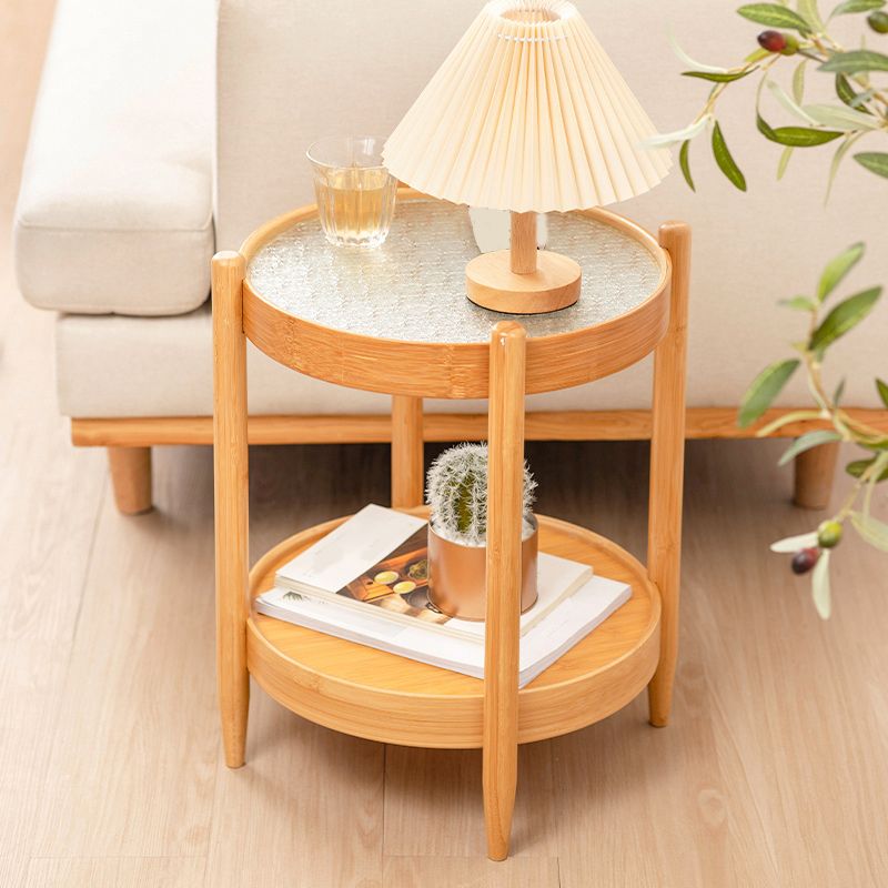 French Country Side Table Wood and Glass Round Accent Side Table