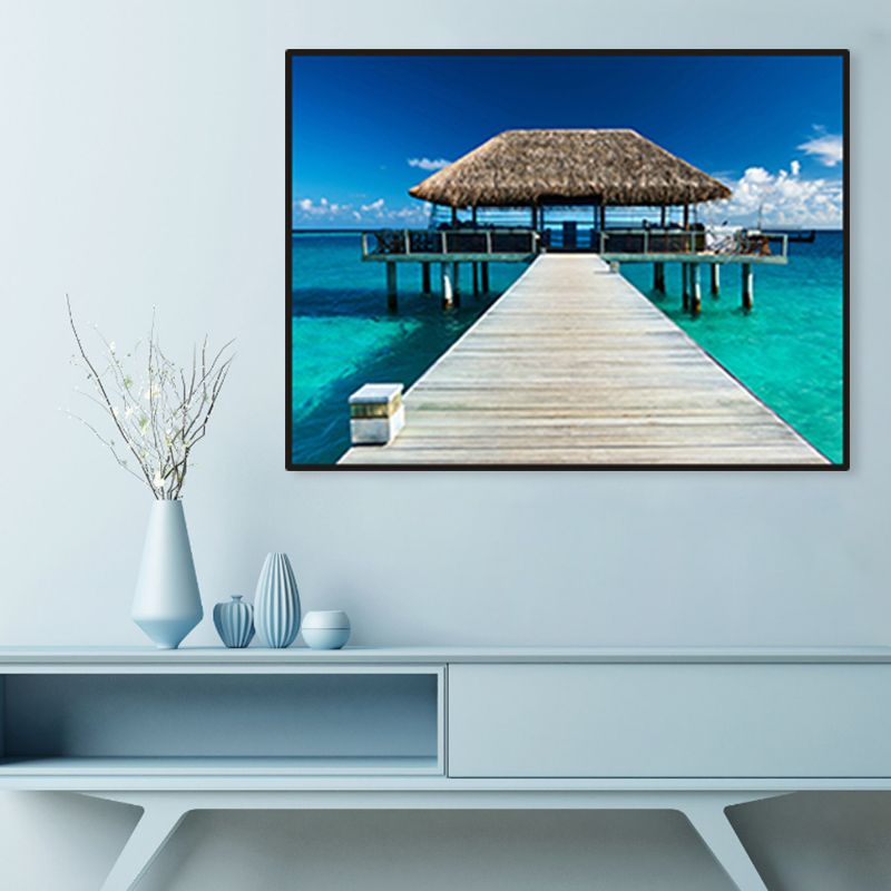 Seaside Bridge Scene Canvas Wall Art Modern Textured Room Wall Decor in Light Color