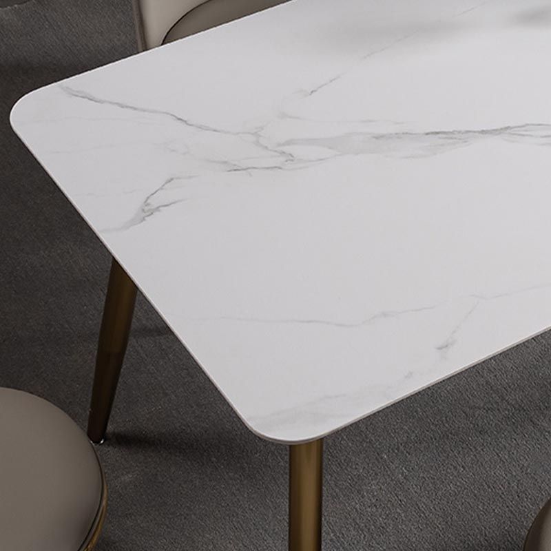 Rectangle Modern Dining Table White Sintered Stone Top Gold Metal Base Table