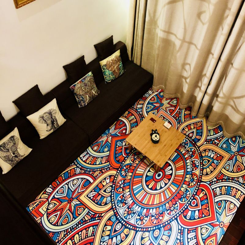 Tapis marocain multicolore en polypropylène, motif de fleurs tribales, antidérapant, résistant aux taches, lavable, pour salon