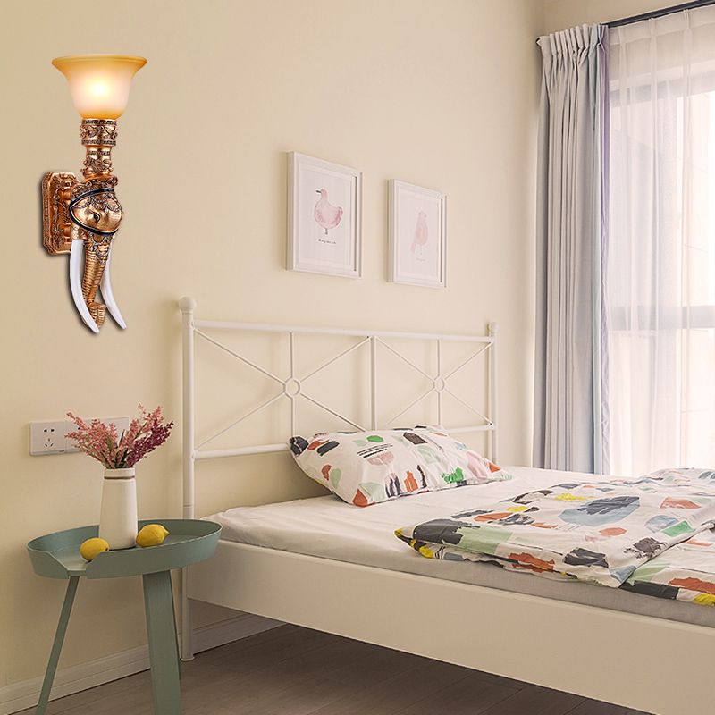 Golden Elephant Sconce Lamp Colonial Style Resin 1 Bulb Corridor Wall Lighting with Amber Glass Bell Shade