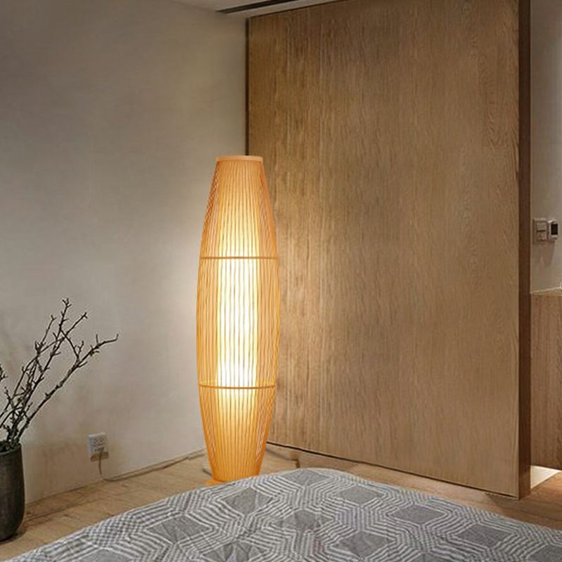 Lumo da pavimento a 1 testa Light Lampada in legno moderno con tonalità a gabbia di bambù ovale