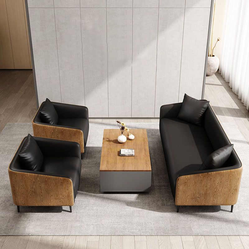 Modernism Faux Leather Sofa Tuxedo Arm Sofa with Wood Grain Accent